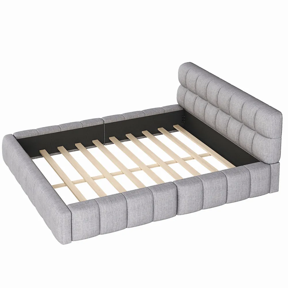 Lit 140x200 cm avec tête de lit rembourrée et revêtement lin gris, cadre solide en panneaux MDF>Redom New