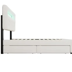 Lit 140x200 cm avec tête de lit rembourrée, 2 tiroirs et lit gigogne, structure MDF, cadre métal, tissu blanc><noscript><img width=