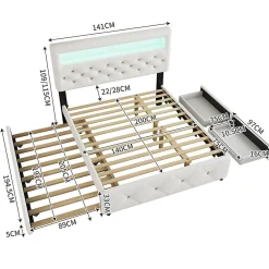 Lit 140x200 cm avec tête de lit rembourrée, 2 tiroirs et lit gigogne, structure MDF, cadre métal, tissu blanc><noscript><img width=
