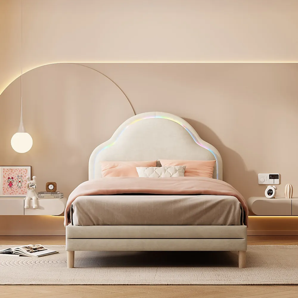 Lit 90x200 cm avec tête de lit en forme de nuage, led multicolores intégrées et revêtement en velours beige>Redom Clearance