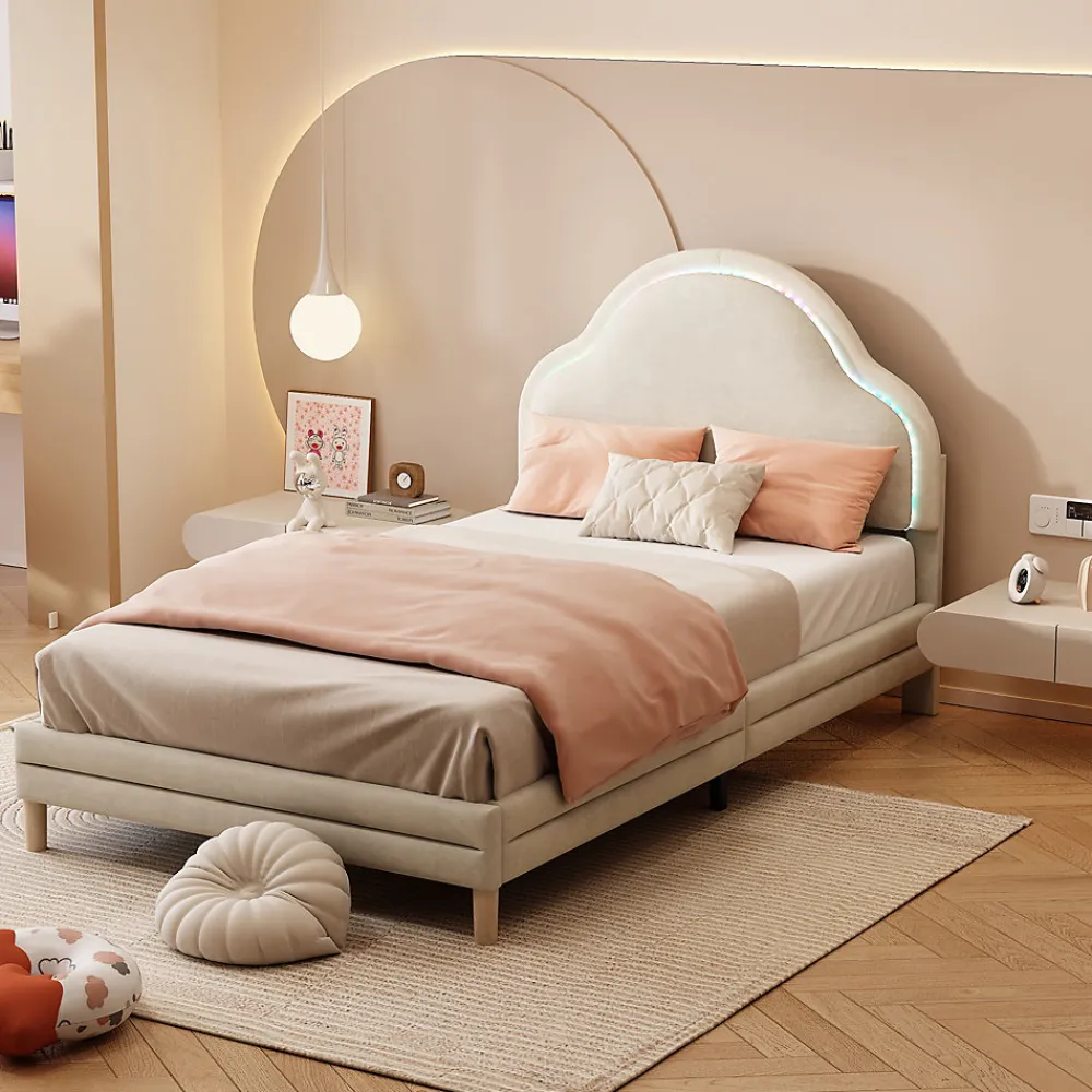 Lit 90x200 cm avec tête de lit en forme de nuage, led multicolores intégrées et revêtement en velours beige>Redom Clearance