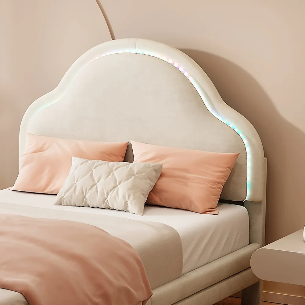 Lit 90x200 cm avec tête de lit en forme de nuage, led multicolores intégrées et revêtement en velours beige>Redom Clearance