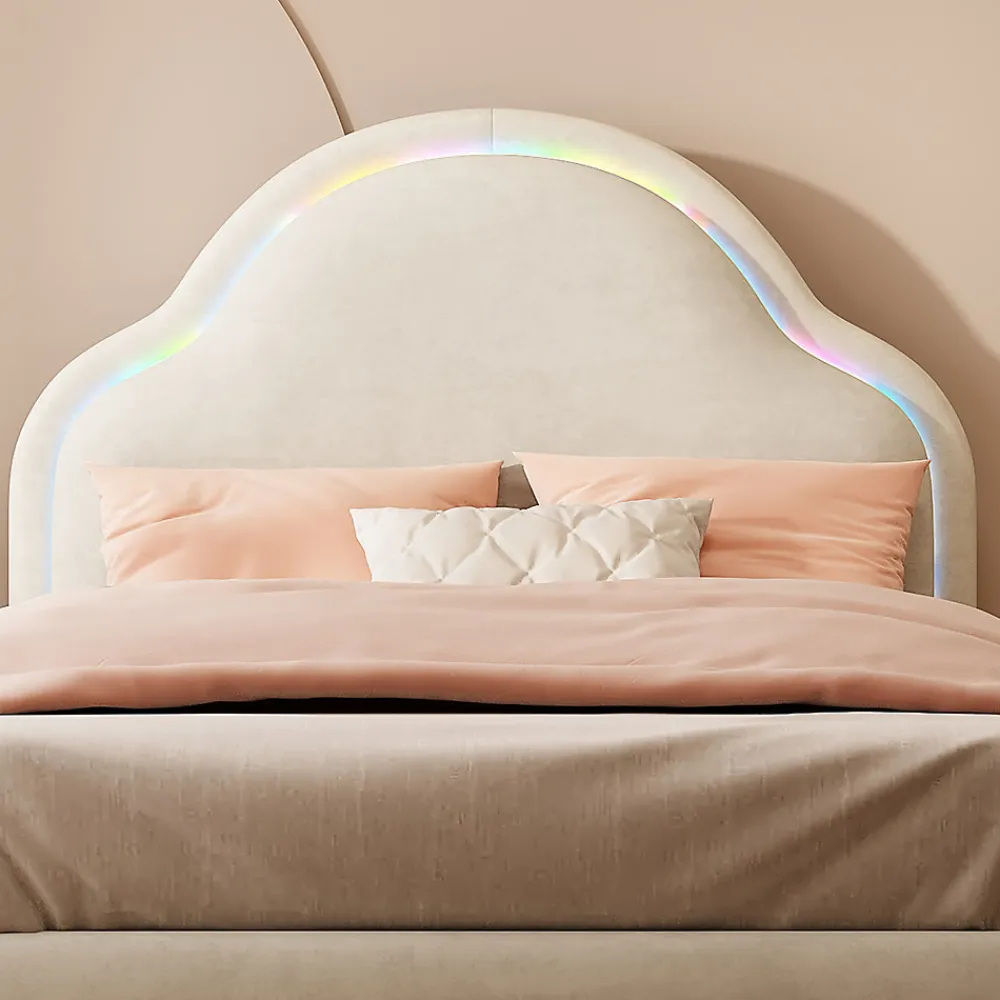Lit 90x200 cm avec tête de lit en forme de nuage, led multicolores intégrées et revêtement en velours beige>Redom Clearance