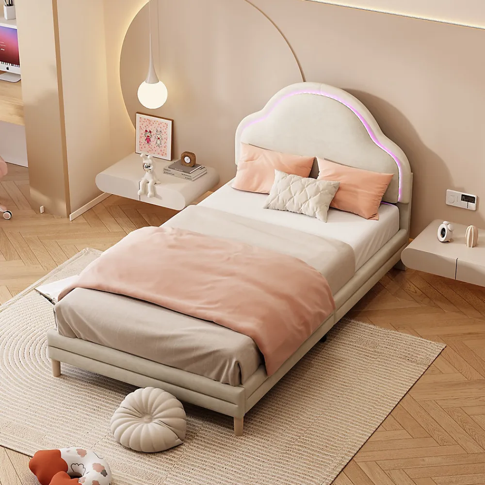 Lit 90x200 cm avec tête de lit en forme de nuage, led multicolores intégrées et revêtement en velours beige>Redom Clearance