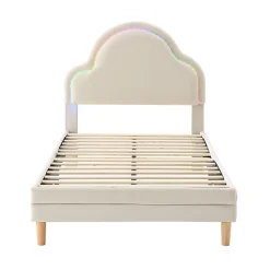 Lit 90x200 cm avec tête de lit en forme de nuage, led multicolores intégrées et revêtement en velours beige><noscript><img width=