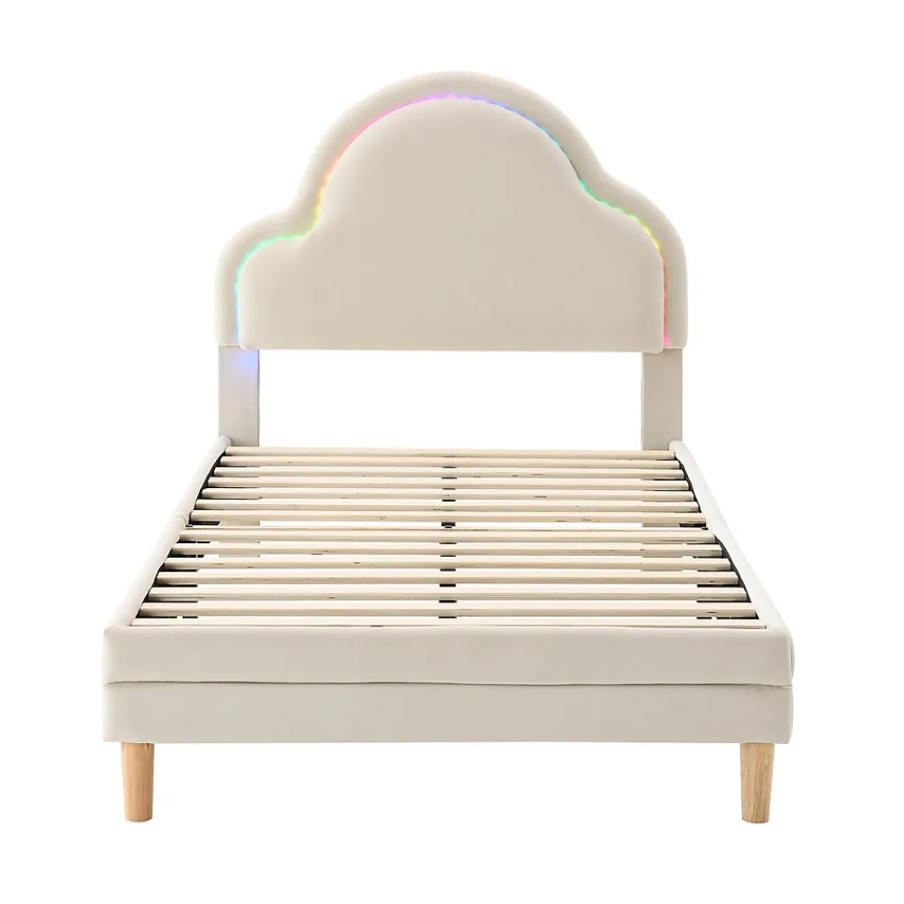 Lit 90x200 cm avec tête de lit en forme de nuage, led multicolores intégrées et revêtement en velours beige>Redom Clearance