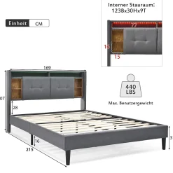 Redom Lit 160x200 cm avec tête de lit espace de rangement, LED et station de charge, cadre bois massif gris* Ensemble Sommier Et Matelas