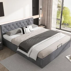 Redom Lit 140x200 cm avec tête de lit capitonnée et rangement hydraulique, tapissé velours gris pour chambre moderne et élégante* Lit Avec Rangement
