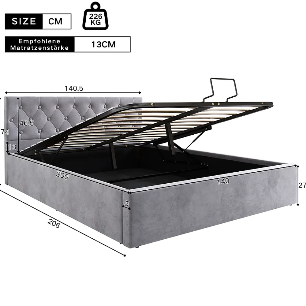 Redom Lit 140x200 cm avec tête de lit capitonnée et rangement hydraulique, tapissé velours gris pour chambre moderne et élégante* Lit Avec Rangement
