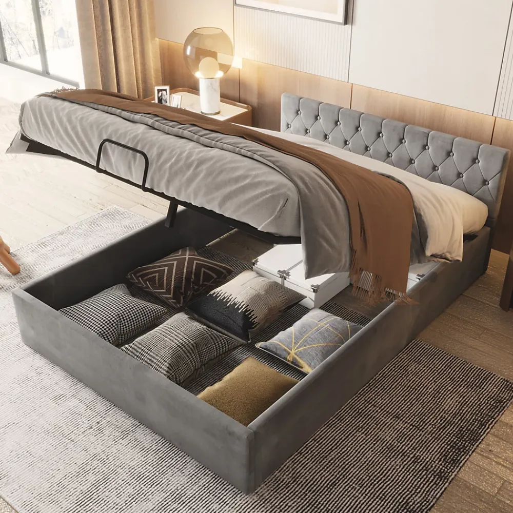 Redom Lit 140x200 cm avec tête de lit capitonnée et rangement hydraulique, tapissé velours gris pour chambre moderne et élégante* Lit Avec Rangement