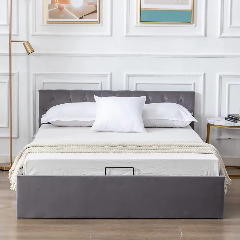 Redom Lit 140x200 cm avec tête de lit capitonnée et rangement hydraulique, tapissé velours gris pour chambre moderne et élégante* Lit Avec Rangement