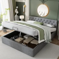 Redom Lit 140x200 cm avec tête de lit capitonnée et rangement hydraulique, tapissé velours gris pour chambre moderne et élégante* Lit Avec Rangement
