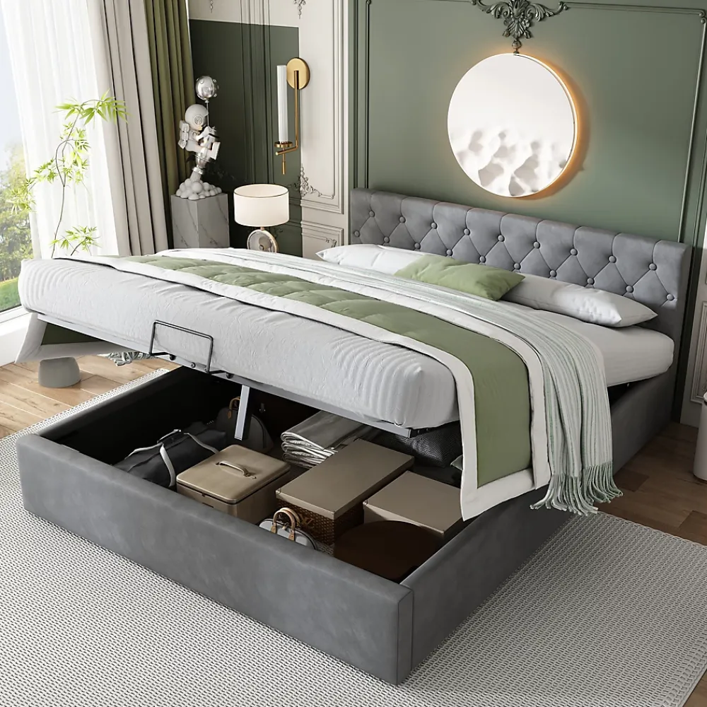 Redom Lit 140x200 cm avec tête de lit capitonnée et rangement hydraulique, tapissé velours gris pour chambre moderne et élégante* Lit Avec Rangement