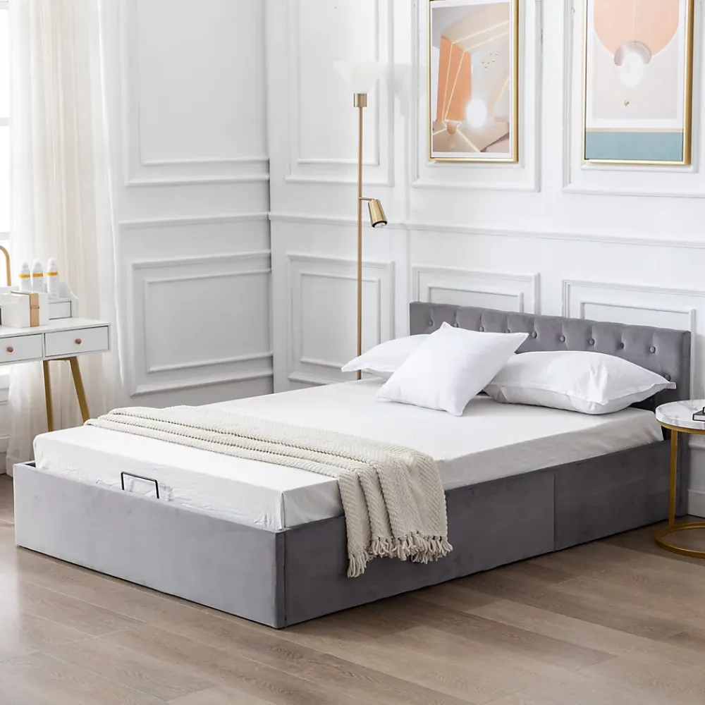 Redom Lit 140x200 cm avec tête de lit capitonnée et rangement hydraulique, tapissé velours gris pour chambre moderne et élégante* Lit Avec Rangement
