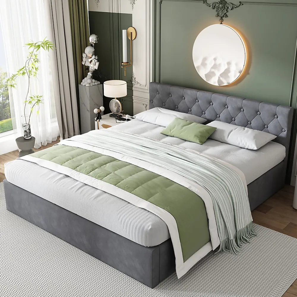 Redom Lit 140x200 cm avec tête de lit capitonnée et rangement hydraulique, tapissé velours gris pour chambre moderne et élégante* Lit Avec Rangement