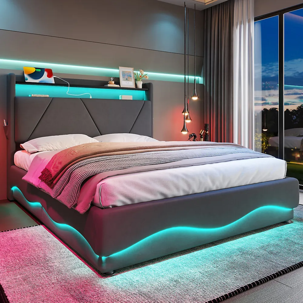 Lit 160x200 cm avec tête de lit à LED, étagères intégrées et revêtement velours gris foncé, espace de rangement>Redom Hot