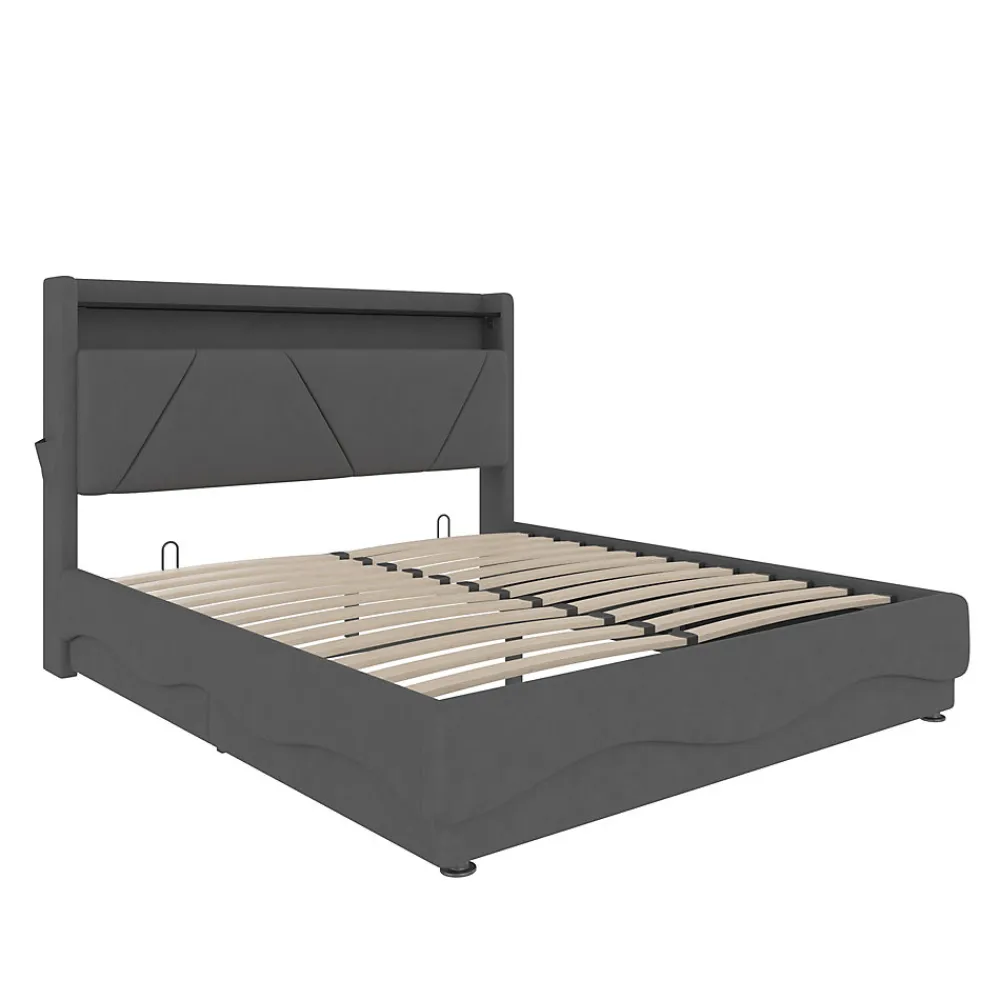 Lit 160x200 cm avec tête de lit à LED, étagères intégrées et revêtement velours gris foncé, espace de rangement>Redom Hot