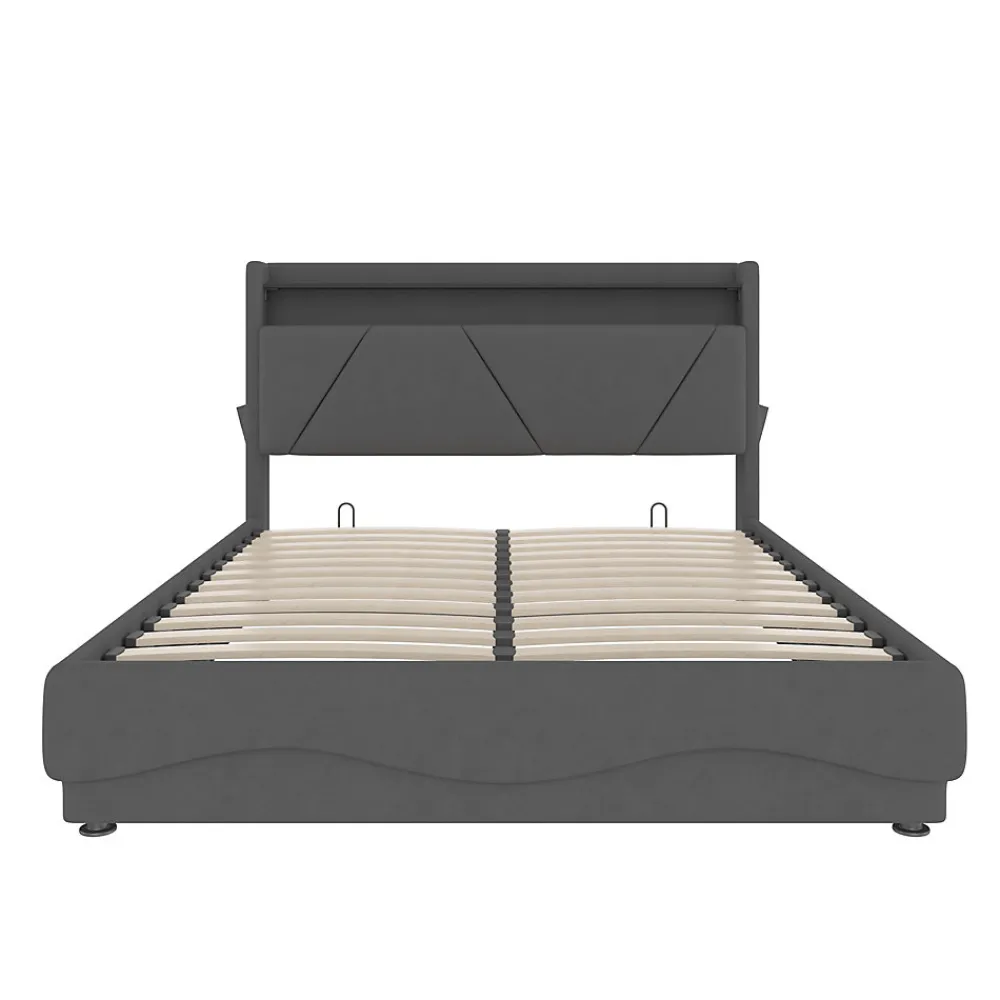 Lit 160x200 cm avec tête de lit à LED, étagères intégrées et revêtement velours gris foncé, espace de rangement>Redom Hot