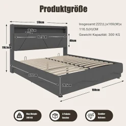 Lit 160x200 cm avec tête de lit à LED, étagères intégrées et revêtement velours gris foncé, espace de rangement><noscript><img width=
