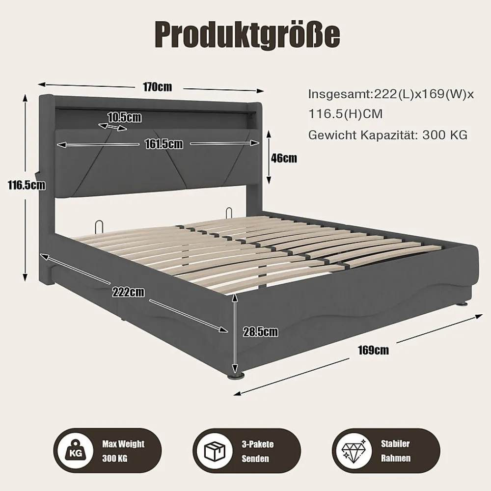 Lit 160x200 cm avec tête de lit à LED, étagères intégrées et revêtement velours gris foncé, espace de rangement>Redom Hot
