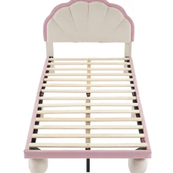 Redom Lit 90x200 cm avec tête de lit rembourrée à bande LED multicolore, tapissé velours beige et rose, pieds ronds* Lit Simple