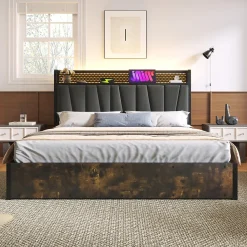 Lit 160x200 cm avec tête de lit LED contrôlable par application, prises USB et coffre, cadre métal gris><noscript><img width=