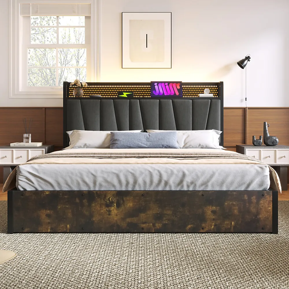 Lit 160x200 cm avec tête de lit LED contrôlable par application, prises USB et coffre, cadre métal gris>Redom Best