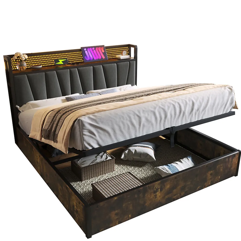 Lit 160x200 cm avec tête de lit LED contrôlable par application, prises USB et coffre, cadre métal gris>Redom Best