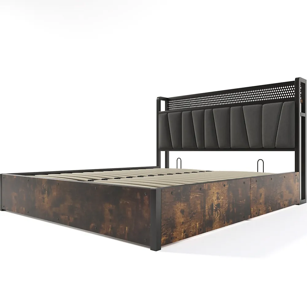 Lit 160x200 cm avec tête de lit LED contrôlable par application, prises USB et coffre, cadre métal gris>Redom Best