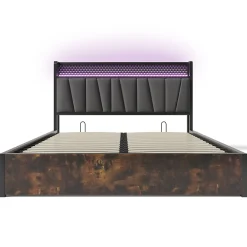 Lit 160x200 cm avec tête de lit LED contrôlable par application, prises USB et coffre, cadre métal gris><noscript><img width=