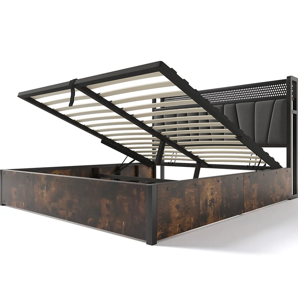 Lit 140x200 cm avec tête de lit LED RGBW, prises USB intégrées, coffre de rangement et cadre métal gris design>Redom New