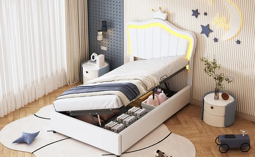 Redom Lit 90x200 cm avec tête de lit coquillage couronnée et coffre hydraulique, éclairage LED, tapissé cuir blanc* Lit Avec Rangement