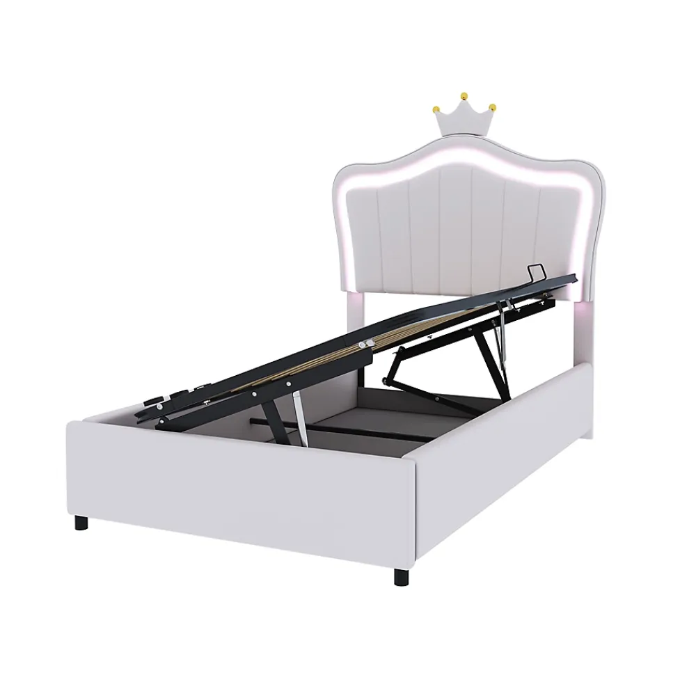 Redom Lit 90x200 cm avec tête de lit coquillage couronnée et coffre hydraulique, éclairage LED, tapissé cuir blanc* Lit Avec Rangement