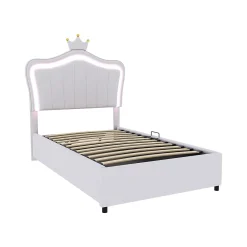 Redom Lit 90x200 cm avec tête de lit coquillage couronnée et coffre hydraulique, éclairage LED, tapissé cuir blanc* Lit Avec Rangement