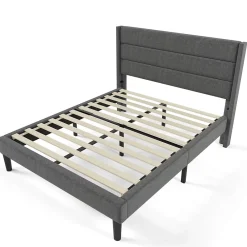 Redom Lit 140x200 cm avec tête de lit rembourrée, sommier à lattes intégré et revêtement lin gris foncé* Lit Double