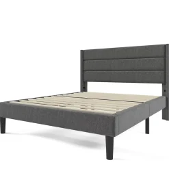 Redom Lit 140x200 cm avec tête de lit rembourrée, sommier à lattes intégré et revêtement lin gris foncé* Lit Double