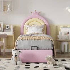 Redom Lit 90x200 cm avec tête de lit réglable, tapissé PU rose et sommier à lattes, design contemporain* Lit Avec Rangement