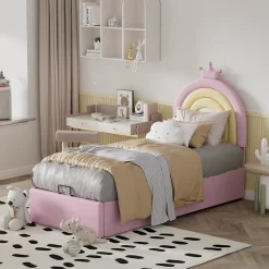 Redom Lit 90x200 cm avec tête de lit réglable, tapissé PU rose et sommier à lattes, design contemporain* Lit Avec Rangement