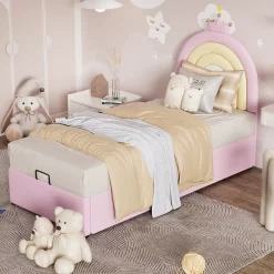 Redom Lit 90x200 cm avec tête de lit réglable, tapissé PU rose et sommier à lattes, design contemporain* Lit Avec Rangement