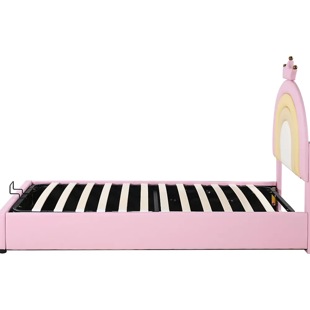 Redom Lit 90x200 cm avec tête de lit réglable, tapissé PU rose et sommier à lattes, design contemporain* Lit Avec Rangement
