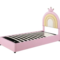 Redom Lit 90x200 cm avec tête de lit réglable, tapissé PU rose et sommier à lattes, design contemporain* Lit Avec Rangement
