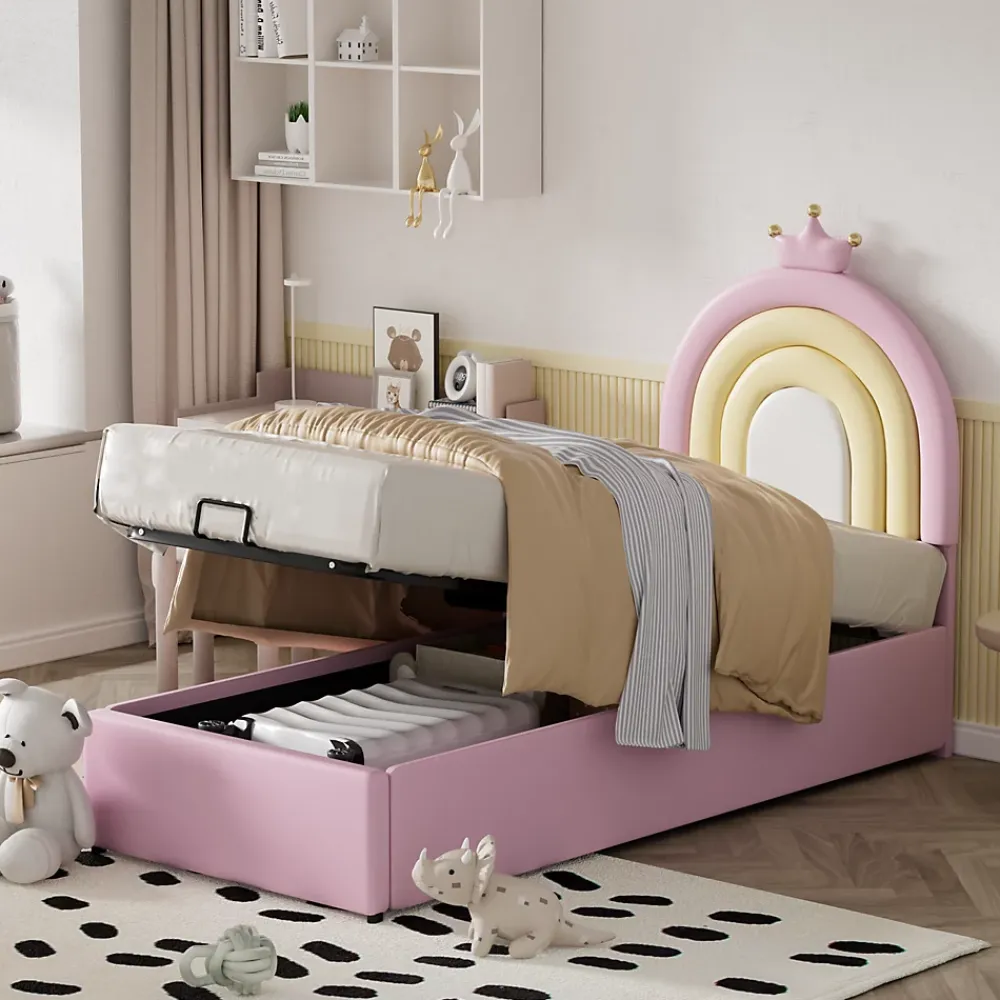 Redom Lit 90x200 cm avec tête de lit réglable, tapissé PU rose et sommier à lattes, design contemporain* Lit Avec Rangement