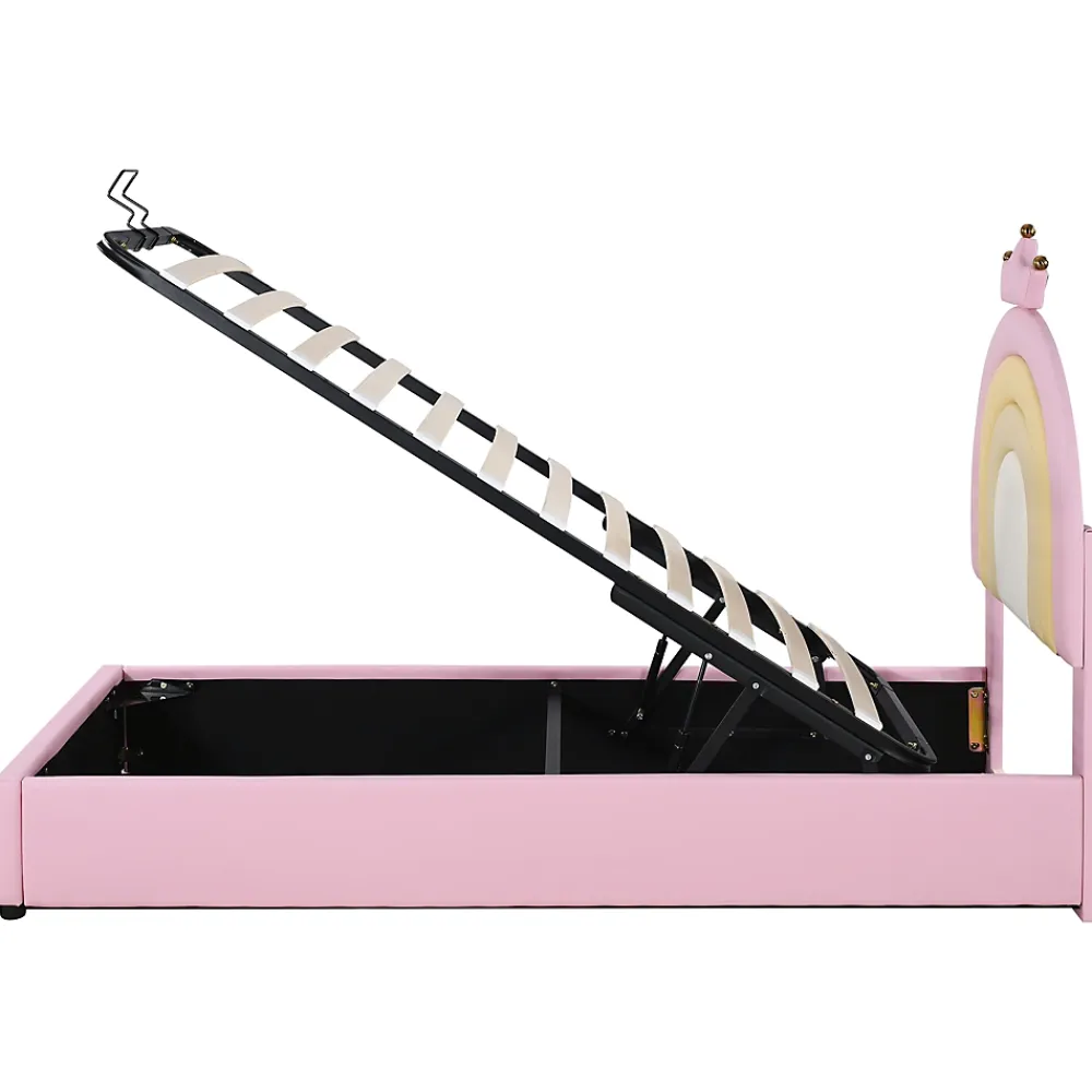 Redom Lit 90x200 cm avec tête de lit réglable, tapissé PU rose et sommier à lattes, design contemporain* Lit Avec Rangement