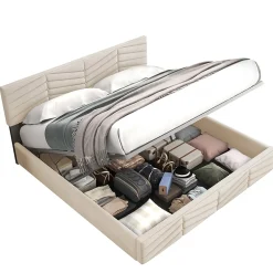 Redom Lit 140x190 cm avec tête de lit capitonnée réglable en velours beige, design intemporel classique et contemporain* Lit Avec Rangement