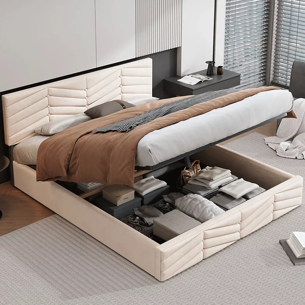 Redom Lit 140x190 cm avec tête de lit capitonnée réglable en velours beige, design intemporel classique et contemporain* Lit Avec Rangement