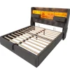 Redom Lit 140x200 cm avec tête de lit à éclairage led et rangement hydraulique, revêtement en lin gris style rétro* Lit Avec Rangement