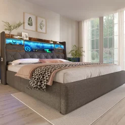 Redom Lit 140x200 cm avec tête de lit à éclairage led et rangement hydraulique, revêtement en lin gris style rétro* Lit Avec Rangement