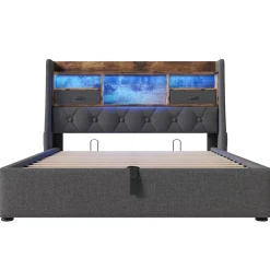 Redom Lit 140x200 cm avec tête de lit à éclairage led et rangement hydraulique, revêtement en lin gris style rétro* Lit Avec Rangement