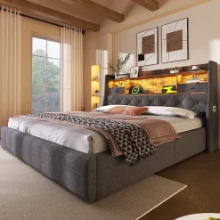 Redom Lit 140x200 cm avec tête de lit à éclairage led et rangement hydraulique, revêtement en lin gris style rétro* Lit Avec Rangement