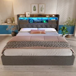 Redom Lit 140x200 cm avec tête de lit à éclairage led et rangement hydraulique, revêtement en lin gris style rétro* Lit Avec Rangement